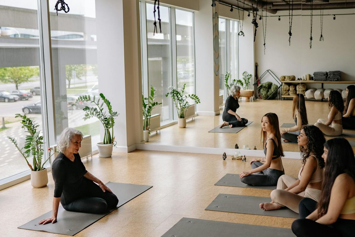 Bright yoga studio with wooden interior and plants
